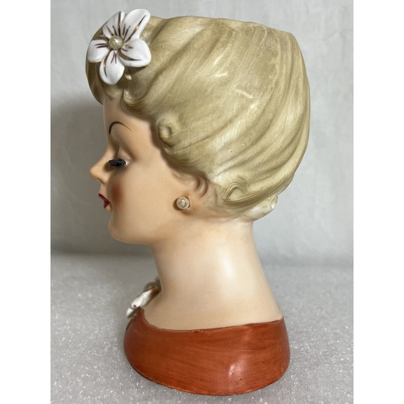 Vintage Lady Head Vase, Enesco E-2188, Blonde, Burnt Orange Top - Picture 3 of 8